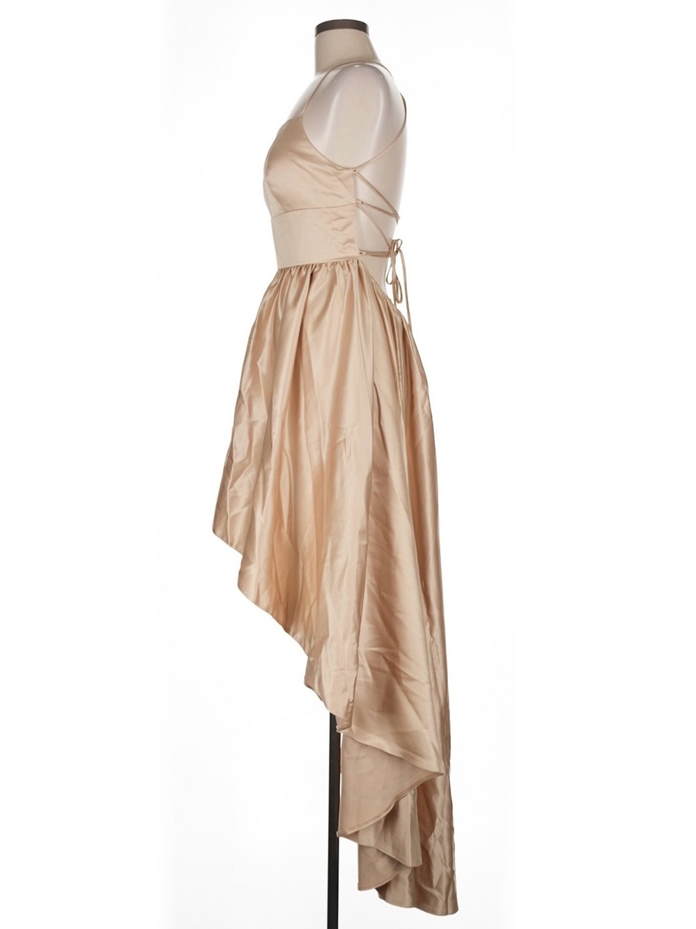 JJ’s House Champagne Satin High-Low Lace-Up Open Back Cocktail Dress | 6 - Picture 4 of 7
